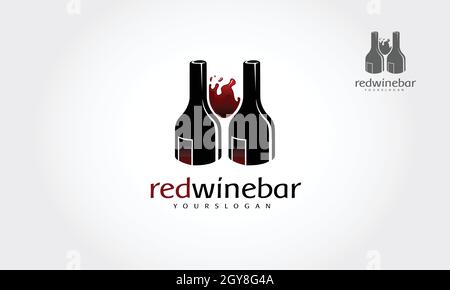 Red Wine Bar Vector logo Template. Logo of wine bottles utilizing negative space. Vector flat illustration. For web, logotype, info graphics for shop. Stock Vector