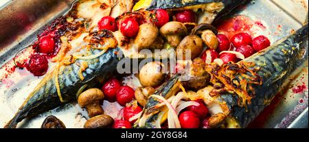 Baked mackerel with cherry sauce.Fish filled with berries in baking dish Stock Photo