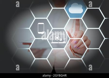 Lady Holding Tablet Pressing On Virtual Button Showing Futuristic Tech. Stock Photo