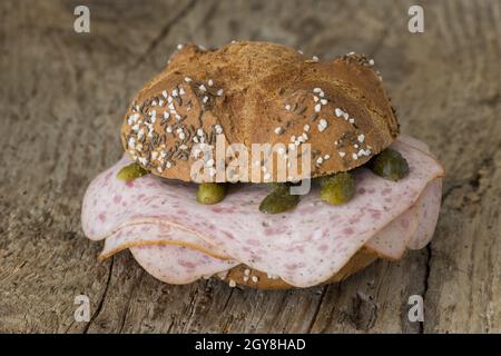 bavarian leberkase sausage in a bun Stock Photo