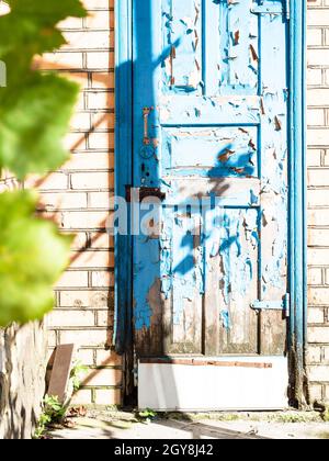 old wooden outdoor door with peeling blue paint of shed on sunny day Stock Photo