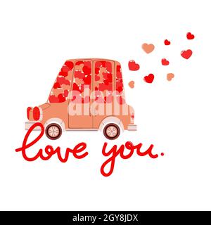 Vector hand drawn illustration of cute car with pink and red hearts and  slogan Hello Love for Valentine's Day a. Colorful auto with flying hearts  clip Stock Vector Image & Art 