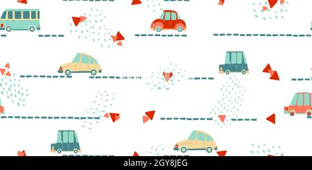 Seamless pattern with cute hand drawn cars in Scandinavian style. Vector repeated background with automobiles in cartoons design for kids. Stock Vector