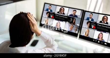 Virtual Video Conferencing Meeting Broadband Problems. Lost Broken Connection Stock Photo