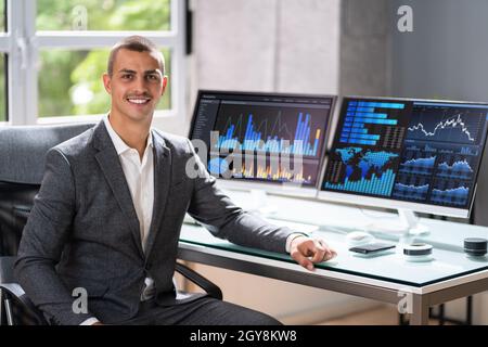 Analyst Man Using Business Data Analytics Dashboard Stock Photo