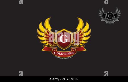 Gold Wings Vector Logo Template. Heraldic Wings Logo of different wings. Wings is a symbol logo. its design is easy to configure and use. Stock Vector