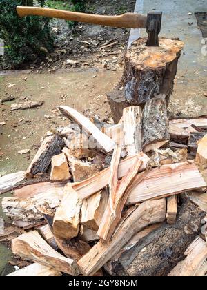 pile of chopped logs on in backyard in village Stock Photo