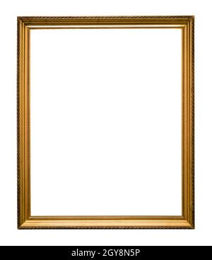 vertical golden wooden picture frame cutout on white background Stock Photo