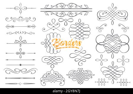 Hand drawn borders doodle set with orange lettering in Stock Photo