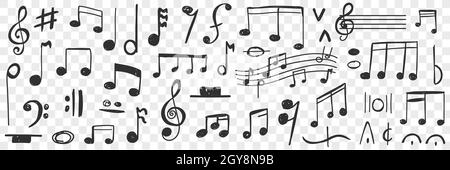 Musical notes drawings doodle set. Collection of hand drawn musical notation with notes treble clef bass clef stave and notes for writing music and ed Stock Photo
