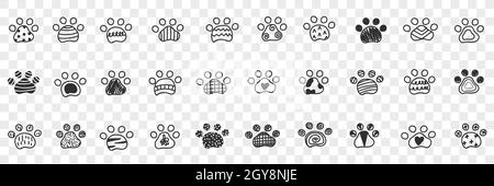 Animals paws footprints doodle set. Collection of hand drawn footprints imprints of animals dogs with various patterns in rows isolated on transparent Stock Photo