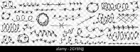 Barbed wire in prison doodle set. Collection of hand drawn various shapes of barbed wire fence protecting walls in prisons and special establishments Stock Photo