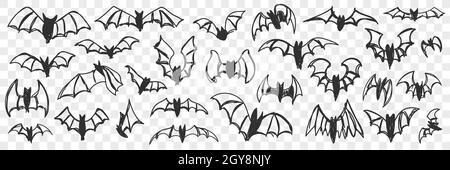 Flying bats at night doodle set. Collection of hand drawn silhouettes of bats with wings flying and sleeping hanging isolated on transparent backgroun Stock Photo