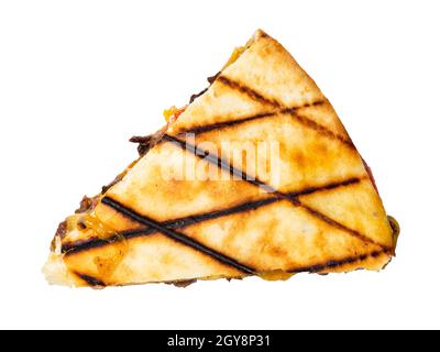 top view of segment of Quesadilla from folded tortilla filled with cheese, meats, spices cutout on white background Stock Photo