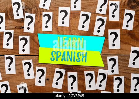 Text sign showing Learn Spanish, Conceptual photo to train writing and speaking the national language of Spain Brainstorming New Ideas And Inspiration Stock Photo