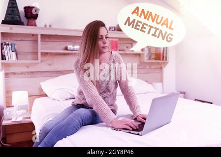 Text sign showing Annual Meeting, Business approach scheduled annually for the discussion of the business future Watching Online Documentaries, Playin Stock Photo
