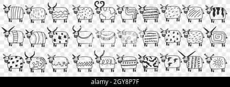 Cute cows in rows doodle set. Collection of hand drawn funny cute cows animals mammals on farm with various patterns on bodies and shapes of horns iso Stock Photo