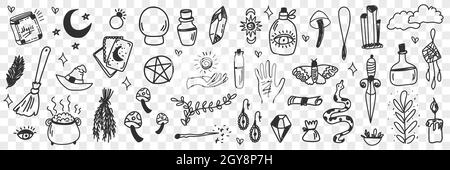 Esoteric witchcraft attributes doodle set. Collection of hand drawn witch tools occult objects hats broom cards moonlight snake isolated on transparen Stock Photo