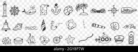 Sailing and nautical equipment doodle set. Collection of hand drawn lighthouse anchor compass sailors bottle ships boats bell seashells pipe island pa Stock Photo