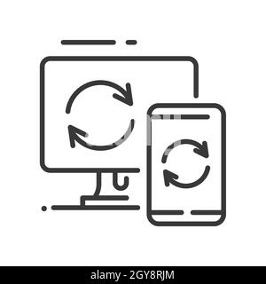 Data sync - vector line design single isolated icon on white background. High quality black pictogram. Data exchange via cloud server between computer Stock Vector