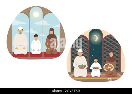 Islam, prayer, family, religion set concept. Collection of young religious man muslim husband woman wife child kid son arabic characters praying in mo Stock Photo