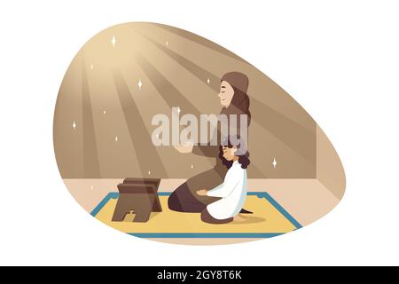 Religion, islam, leisure, God, Allah, motherhood, childhood concept. Young muslim woman with hijab praying with with child kid daughter together. Fami Stock Photo