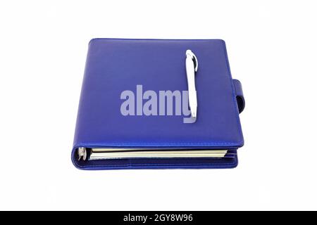 Blue collar diary and pen placed on cover and white background. Stock Photo