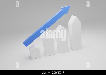 Puristic house shapes with an upswing arrow. housing boom, property market growing, high demand for real estate, house prices rising concept, 3d rende Stock Photo