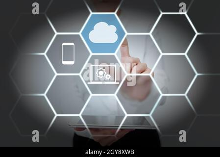Lady Holding Tablet Pressing On Virtual Button Showing Futuristic Tech. Stock Photo