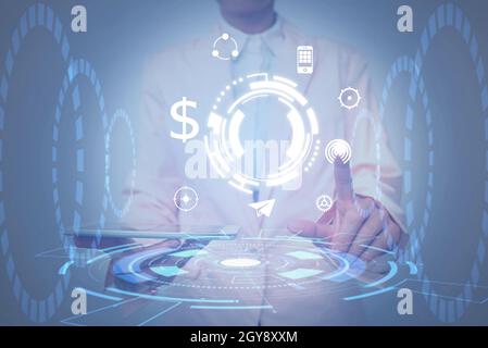 Lady In Uniform Holding Tablet In Hand Virtually Tapping Futuristic Tech. Stock Photo