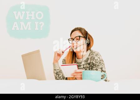 Text sign showing Who Am I Question, Business idea asking about self identity or an individualal purpose in life Callcenter Agent Working From Home, S Stock Photo