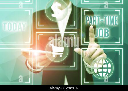 Hand writing sign Part Time Job, Word for Weekender Freelance Casual OJT Neophyte Stint Seasonal Lady In Uniform Holding Phone Pressing Virtual Button Stock Photo