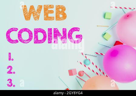 Handwriting text Web Coding, Business overview a system of symbols and rules used to represent instructions Colorful Birthday Party Designs Bright Cel Stock Photo