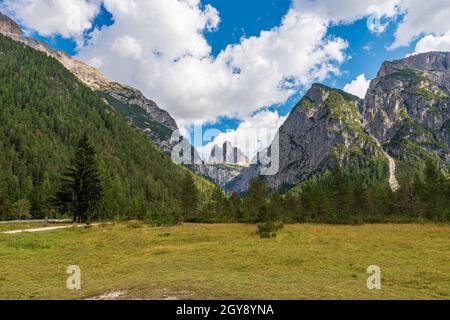 Three peaks of Lavaredo (Drei Zinnen or Tre Cime di Lavaredo), north face, seen from the Landro Valley (Val di Landro). Trentino-Alto Adige, Italy, Eu Stock Photo