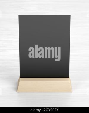Blank menu holder on wooden table Stock Photo
