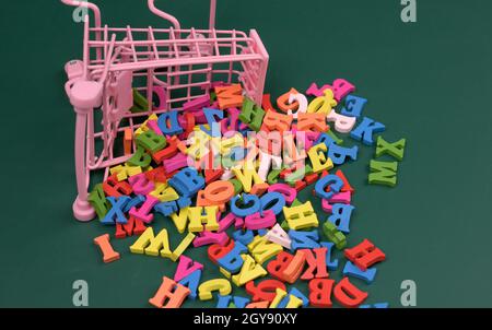 scattered multicolored letters of the english alphabet from a miniature shopping cart on a green background, close up Stock Photo