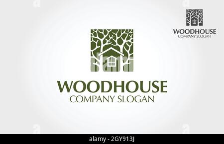 Wood House Vector Logo Template. Is an illustrative cartoon logo for Environmental care related business.  Smart, ecologys, simple and unique concept. Stock Vector