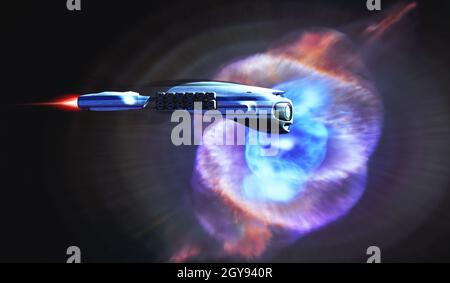 A spacecraft from Earth passes by the Cat's Eye Nebula on an exploratory mission. Stock Photo