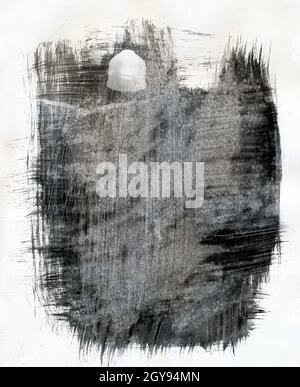 Black and white abstract darkroom painting with light using crosshatching for shading and an abstract sun in the background Stock Photo