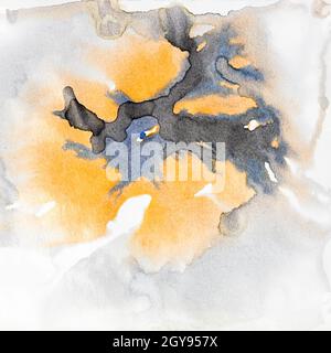 abstract hand-painted gray and yellow watercolour stains on white paper Stock Photo
