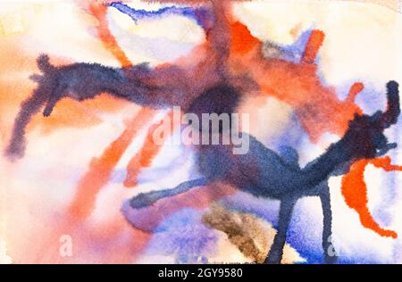 abstract hand-painted red and violet watercolour trickles on white paper Stock Photo
