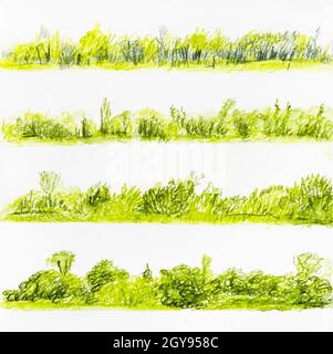 set of sketches of summer landscapes with trees and bushes hand-drawn by watercolor pencils on white textured paper Stock Photo