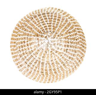 top view of closed moroccan wicker basket from seagrass isolated on white background Stock Photo