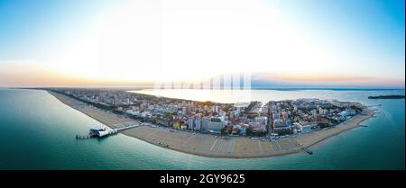 Lignano Sabbiadoro, contemporary panorama aerial view to the famous holiday destination and landmark at the Adriatic Sea in Italy. Stock Photo
