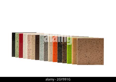 Samples of stone countertops on a white isolated background. Set of samples of stone of different textures and different colors for design Stock Photo