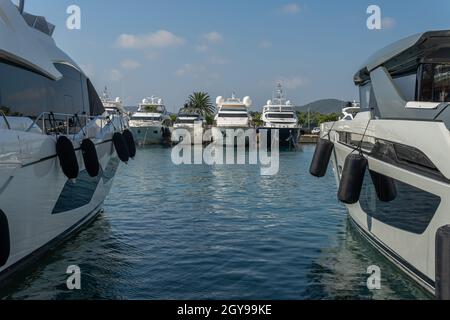 Puerto Portals, Spain; october 02 2021: General view of the touristic resort of Puerto Portals on the island of Mallorca. Marina with luxury yachts mo Stock Photo