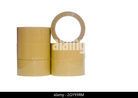 Brown tape on white background. Used for closing parcel boxes. Stock Photo