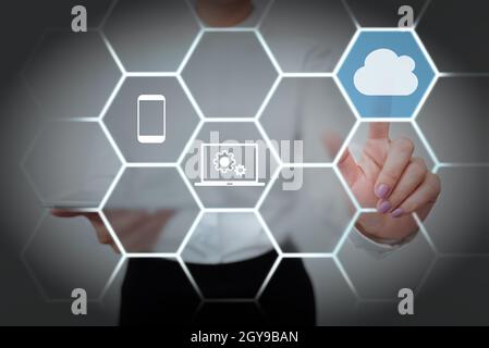 Lady Holding Tablet Pressing On Virtual Button Showing Futuristic Tech. Stock Photo