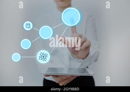 Lady Holding Tablet Pressing On Virtual Button Showing Futuristic Tech. Stock Photo