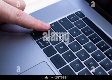 Hands Pointing Pressing Computer Keyboard Keys Typewriting New Ideas. Stock Photo